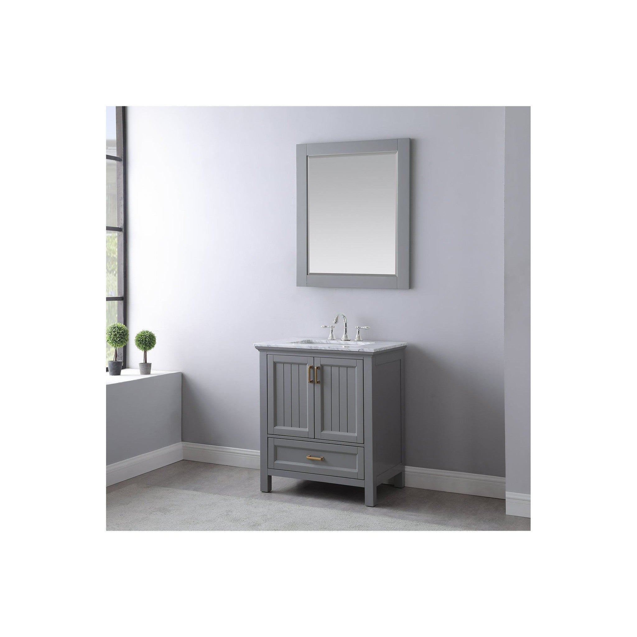 Isla 30" Single Bathroom Vanity Set in Gray and Carrara White Marble Countertop with Mirror