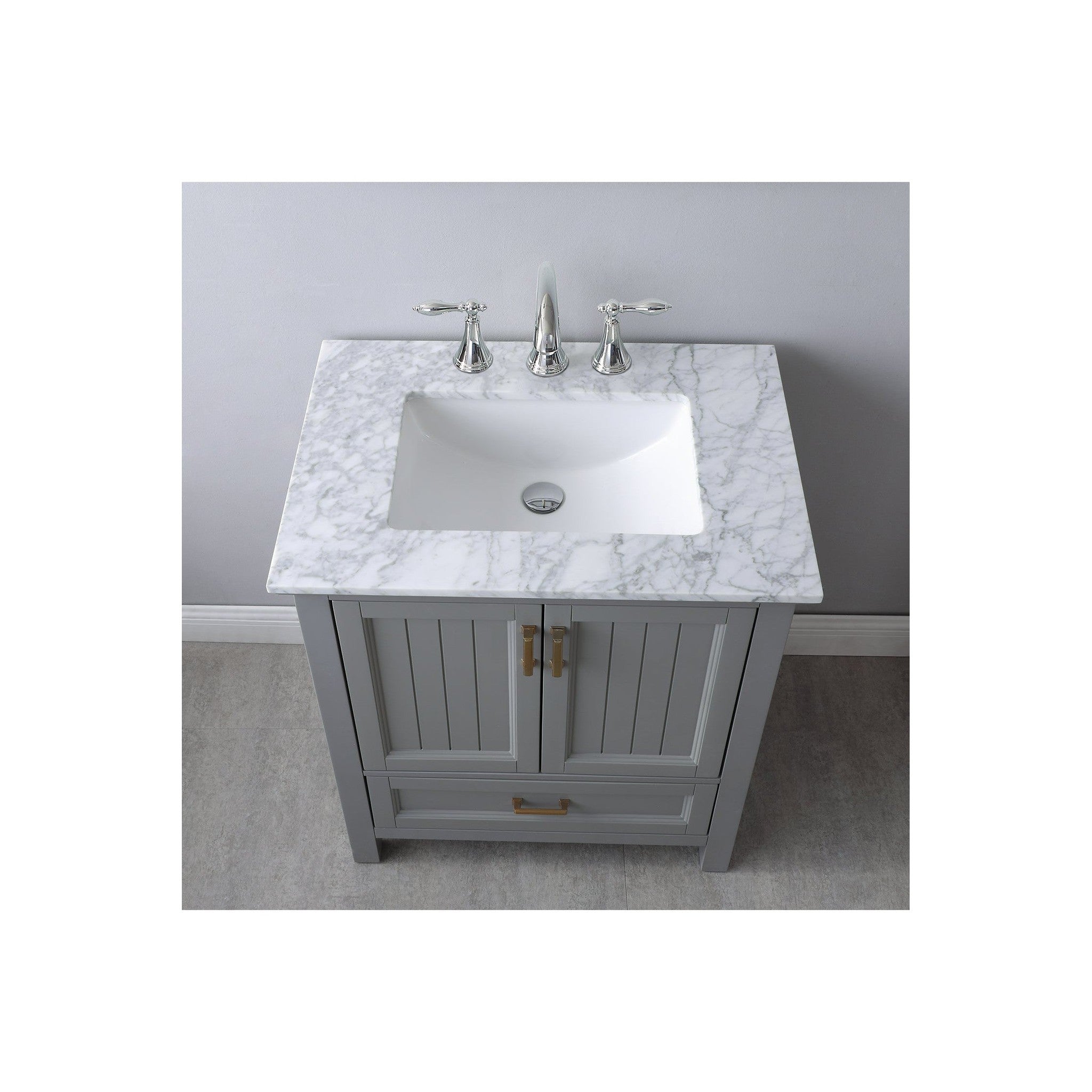 Isla 30" Single Bathroom Vanity Set in Gray and Carrara White Marble Countertop with Mirror