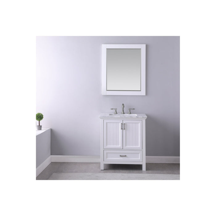 Isla 30" Single Bathroom Vanity Set in White and Carrara White Marble Countertop with Mirror