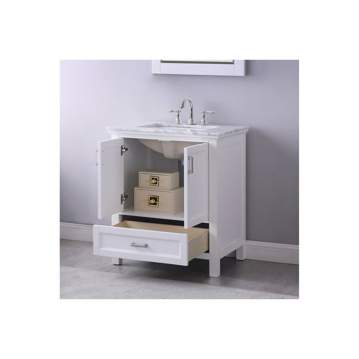 Isla 30" Single Bathroom Vanity Set in White and Carrara White Marble Countertop with Mirror