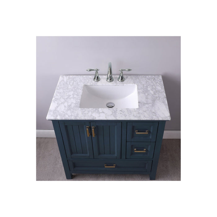 Isla 36" Single Bathroom Vanity Set in Classic Blue and Carrara White Marble Countertop without Mirror