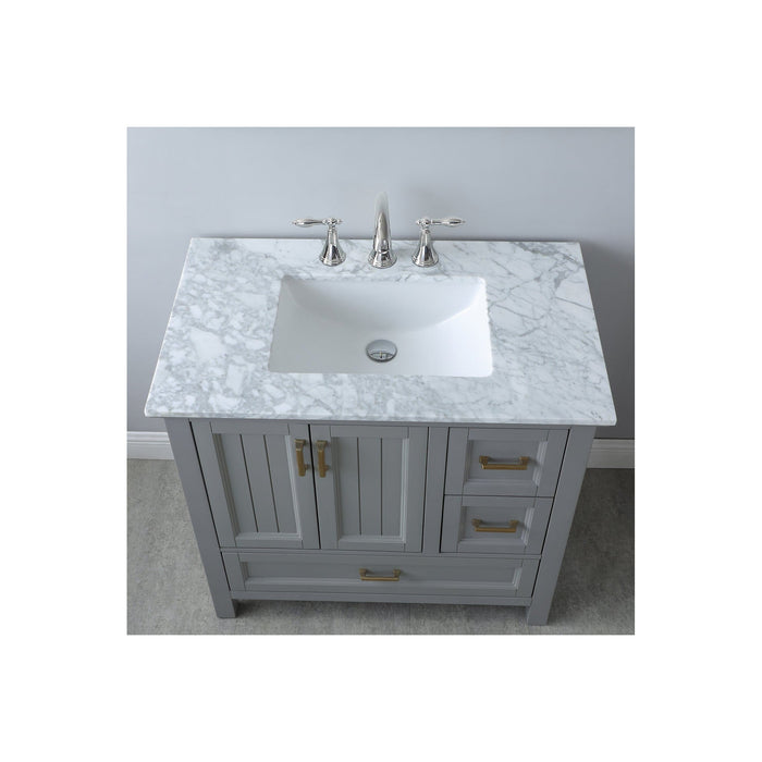 Isla 36" Single Bathroom Vanity Set in Gray and Carrara White Marble Countertop with Mirror