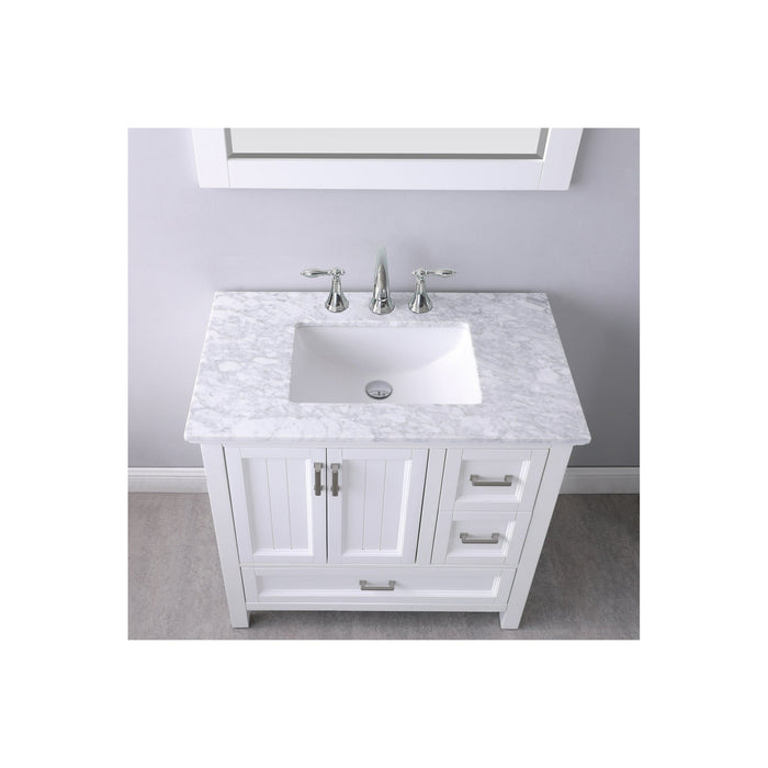 Isla 36" Single Bathroom Vanity Set in White and Carrara White Marble Countertop with Mirror