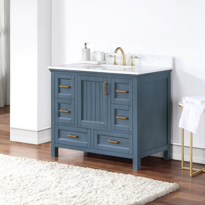 Isla 42" Single Bathroom Vanity Set in Classic Blue and Composite Carrara White Stone Countertop without Mirror