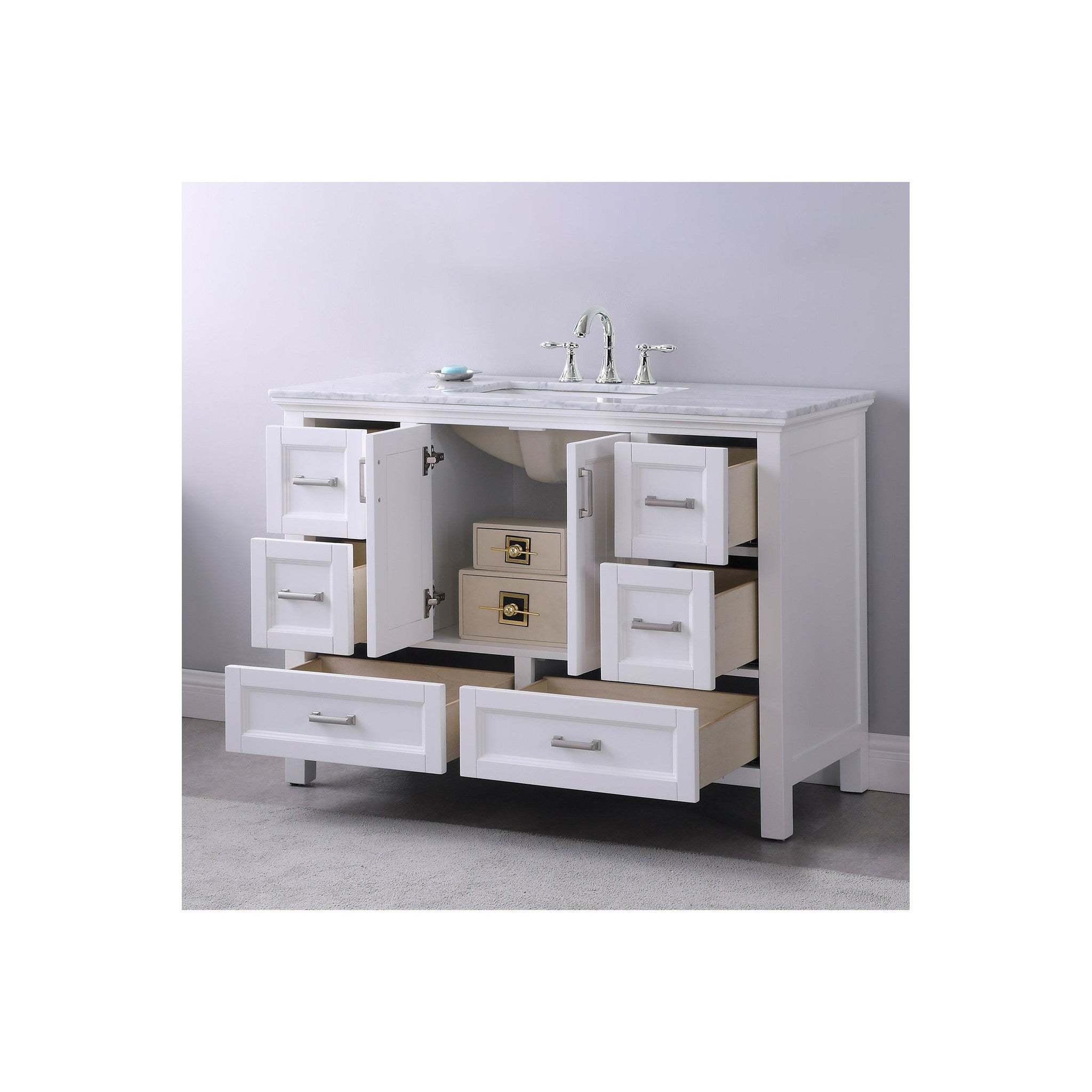 Isla 48" Single Bathroom Vanity Set in White and Carrara White Marble Countertop without Mirror