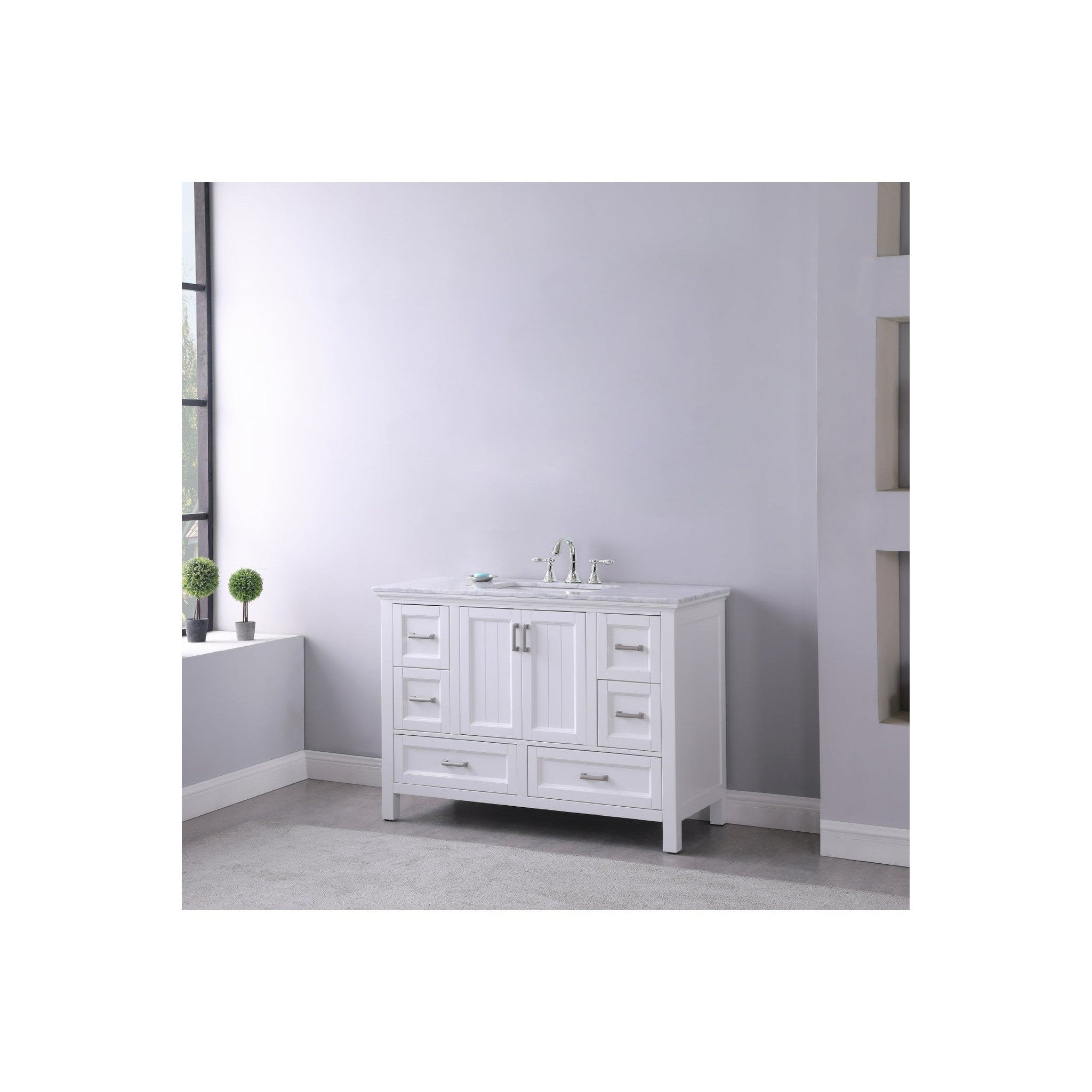 Isla 48" Single Bathroom Vanity Set in White and Carrara White Marble Countertop without Mirror