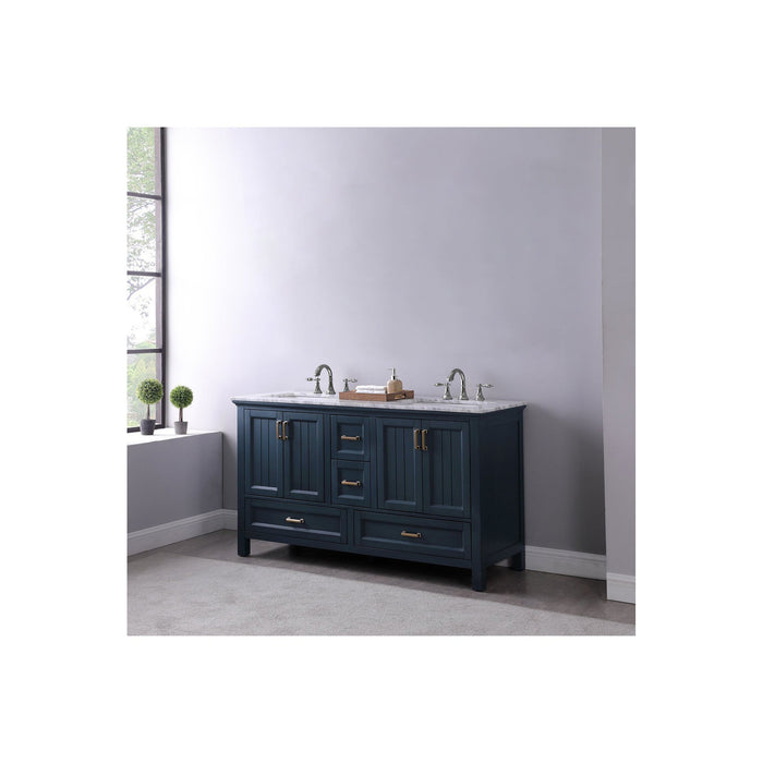 Isla 60" Double Bathroom Vanity Set in Classic Blue and Carrara White Marble Countertop without Mirror