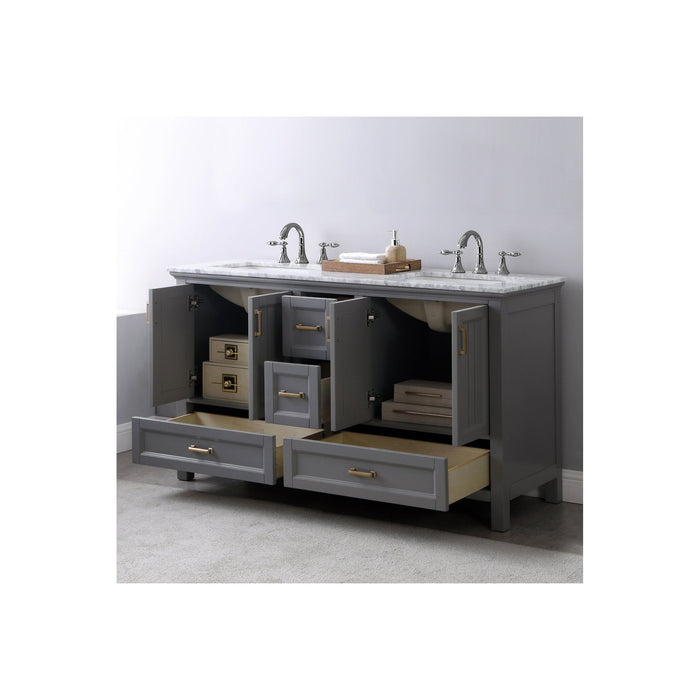 Isla 60" Double Bathroom Vanity Set in Gray and Carrara White Marble Countertop without Mirror