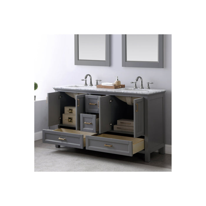 Isla 60" Double Bathroom Vanity Set in Gray and Carrara White Marble Countertop with Mirror