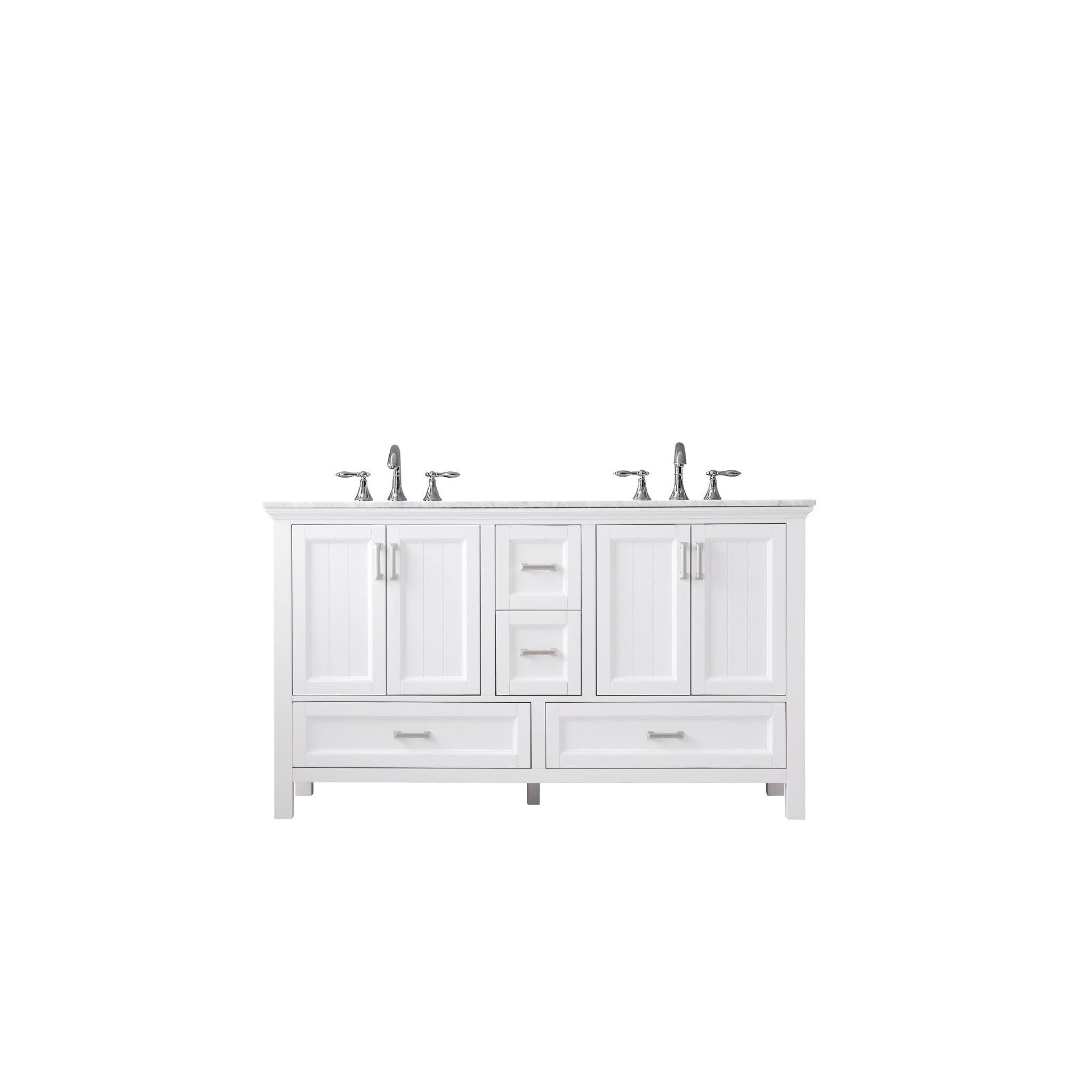 Isla 60" Double Bathroom Vanity Set in White and Carrara White Marble Countertop without Mirror