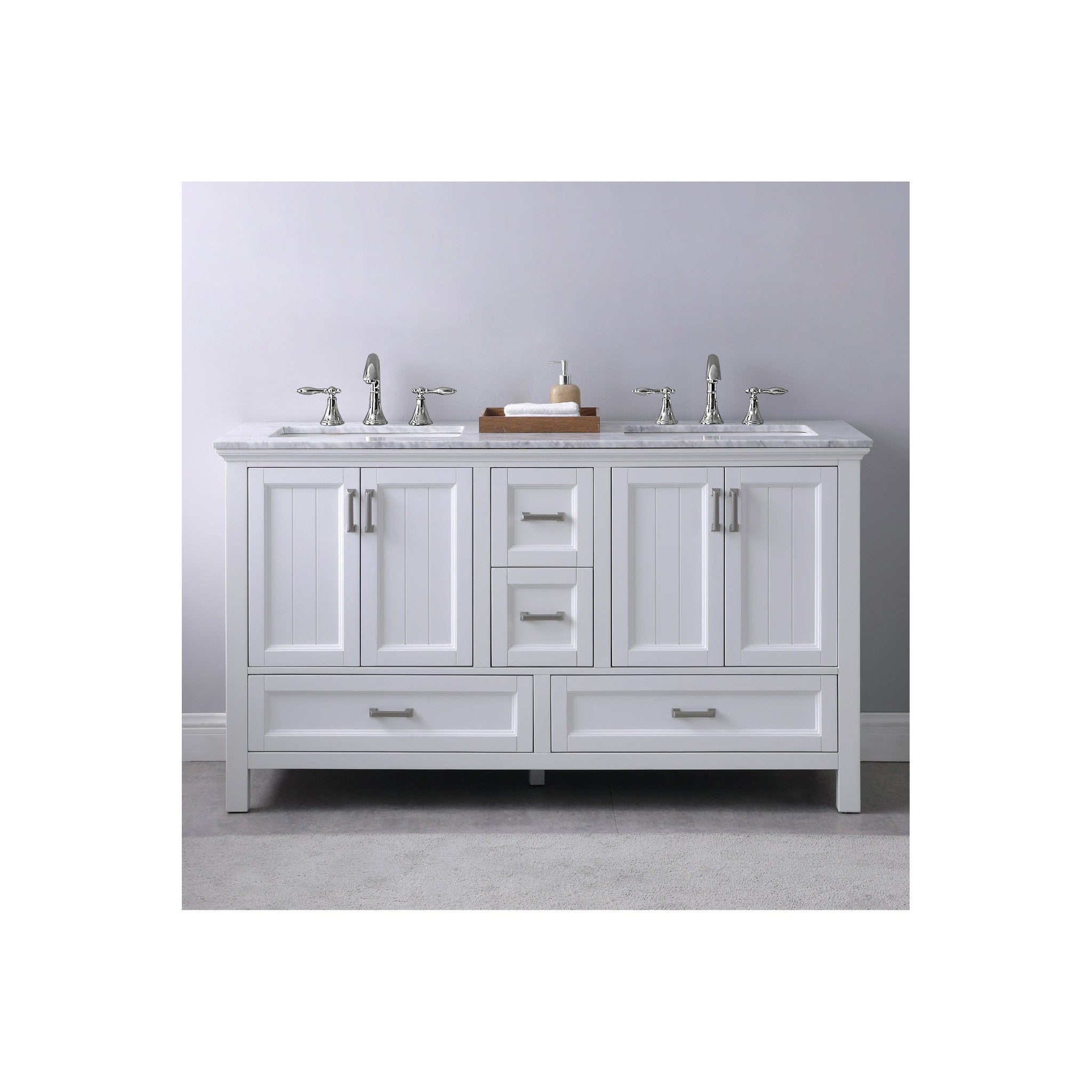 Isla 60" Double Bathroom Vanity Set in White and Carrara White Marble Countertop without Mirror