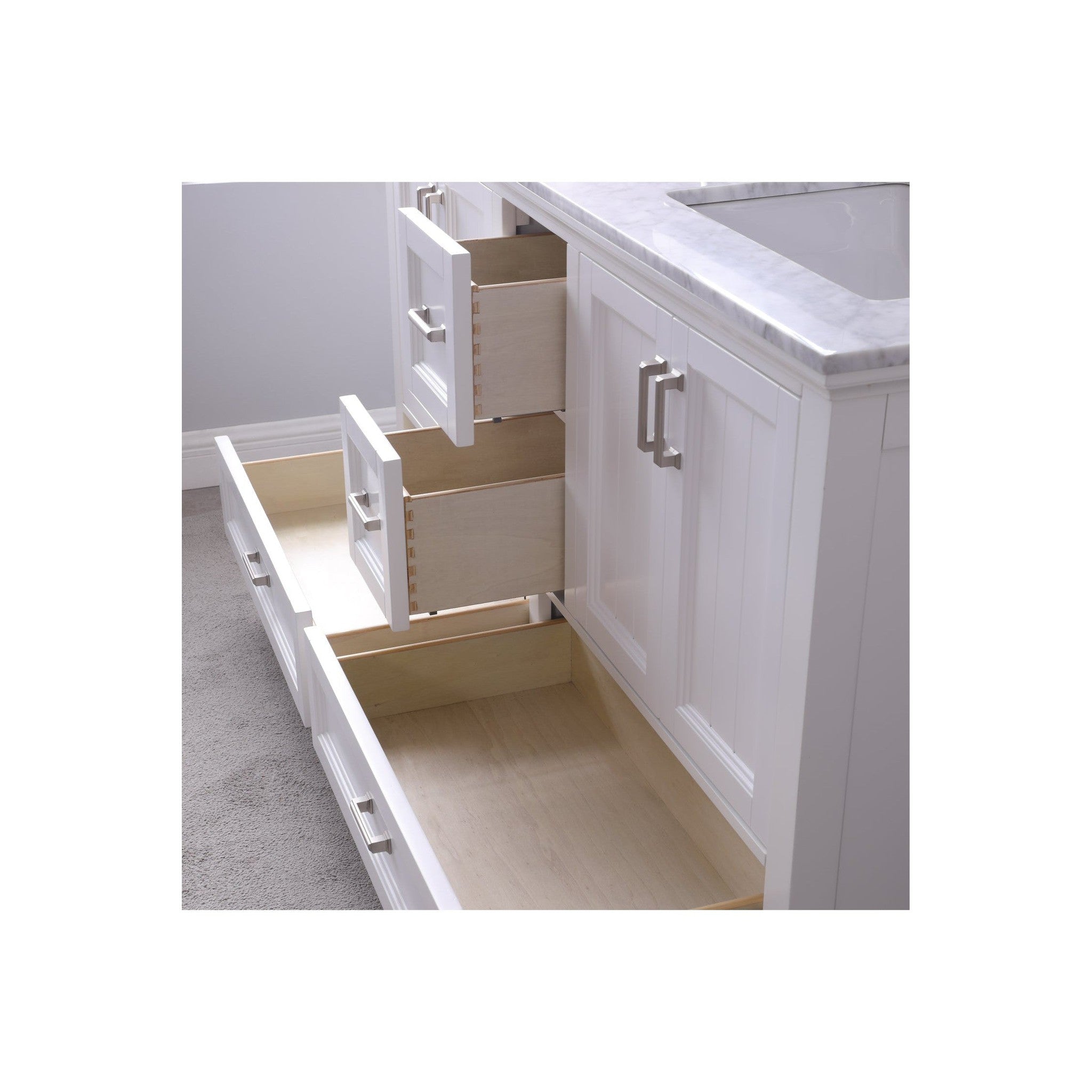 Isla 60" Double Bathroom Vanity Set in White and Carrara White Marble Countertop without Mirror