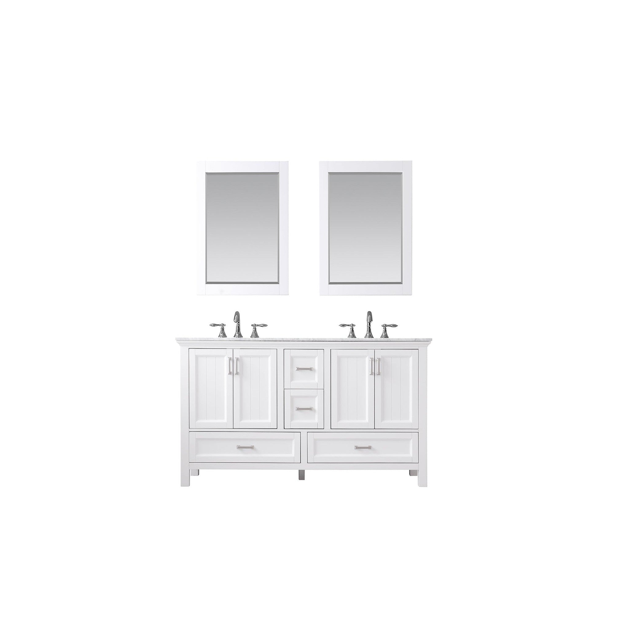 Isla 60" Double Bathroom Vanity Set in White and Carrara White Marble Countertop with Mirror