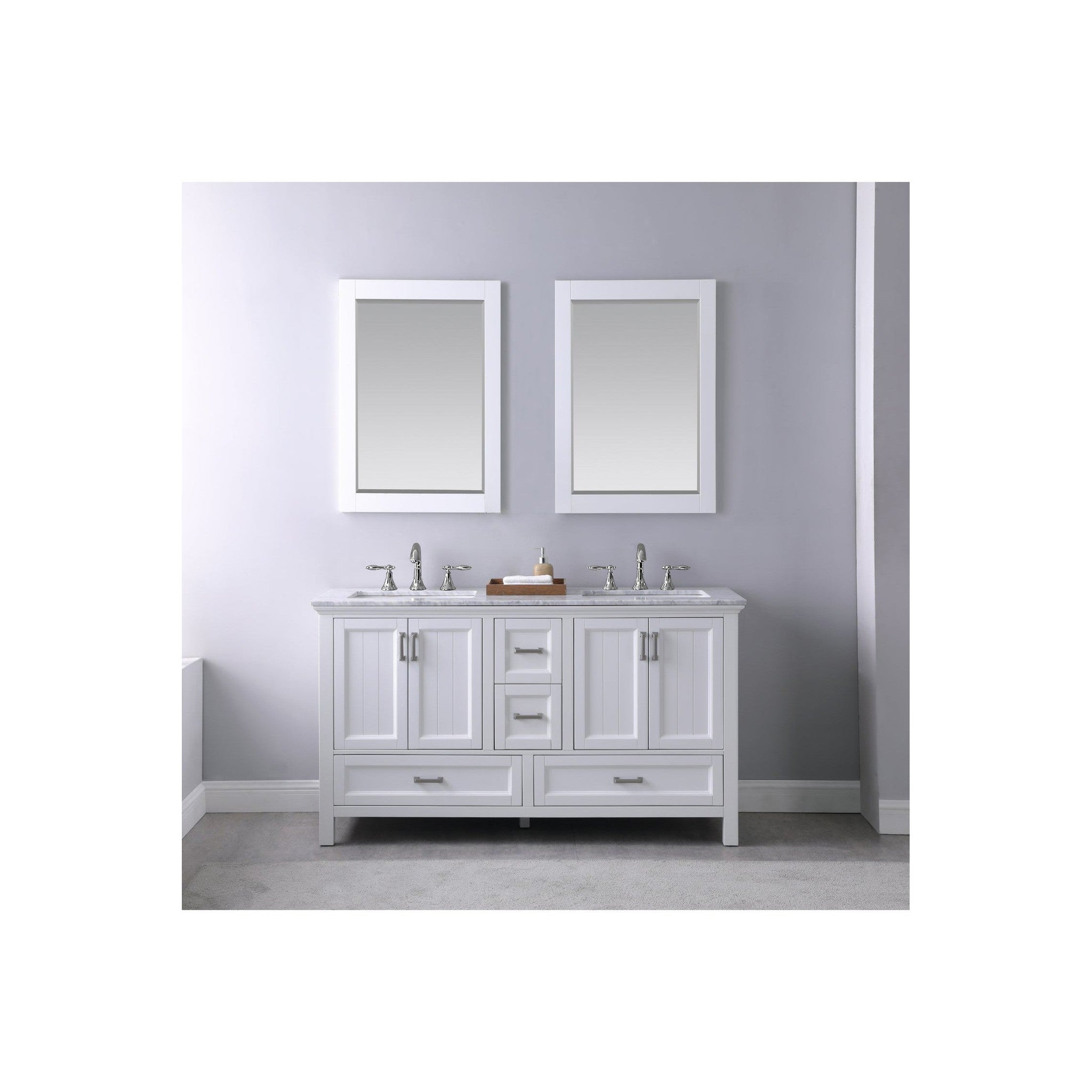 Isla 60" Double Bathroom Vanity Set in White and Carrara White Marble Countertop with Mirror