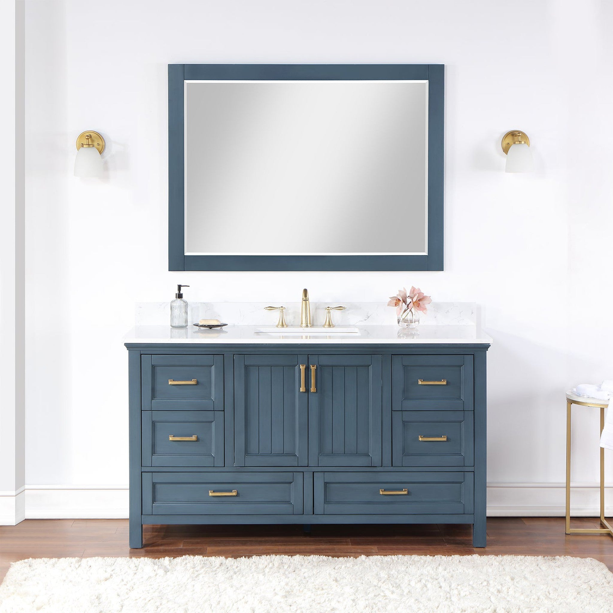 Isla 60" Single Bathroom Vanity Set in Classic Blue and Composite Carrara White Stone Countertop with Mirror