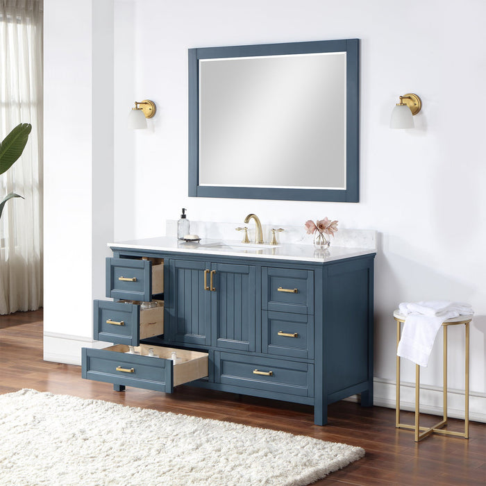 Isla 60" Single Bathroom Vanity Set in Classic Blue and Composite Carrara White Stone Countertop with Mirror