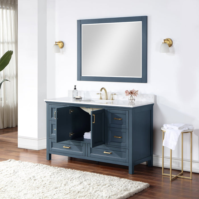 Isla 60" Single Bathroom Vanity Set in Classic Blue and Composite Carrara White Stone Countertop with Mirror
