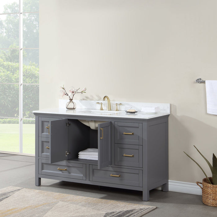 Isla 60" Single Bathroom Vanity Set in Gray and Composite Carrara White Stone Countertop without Mirror