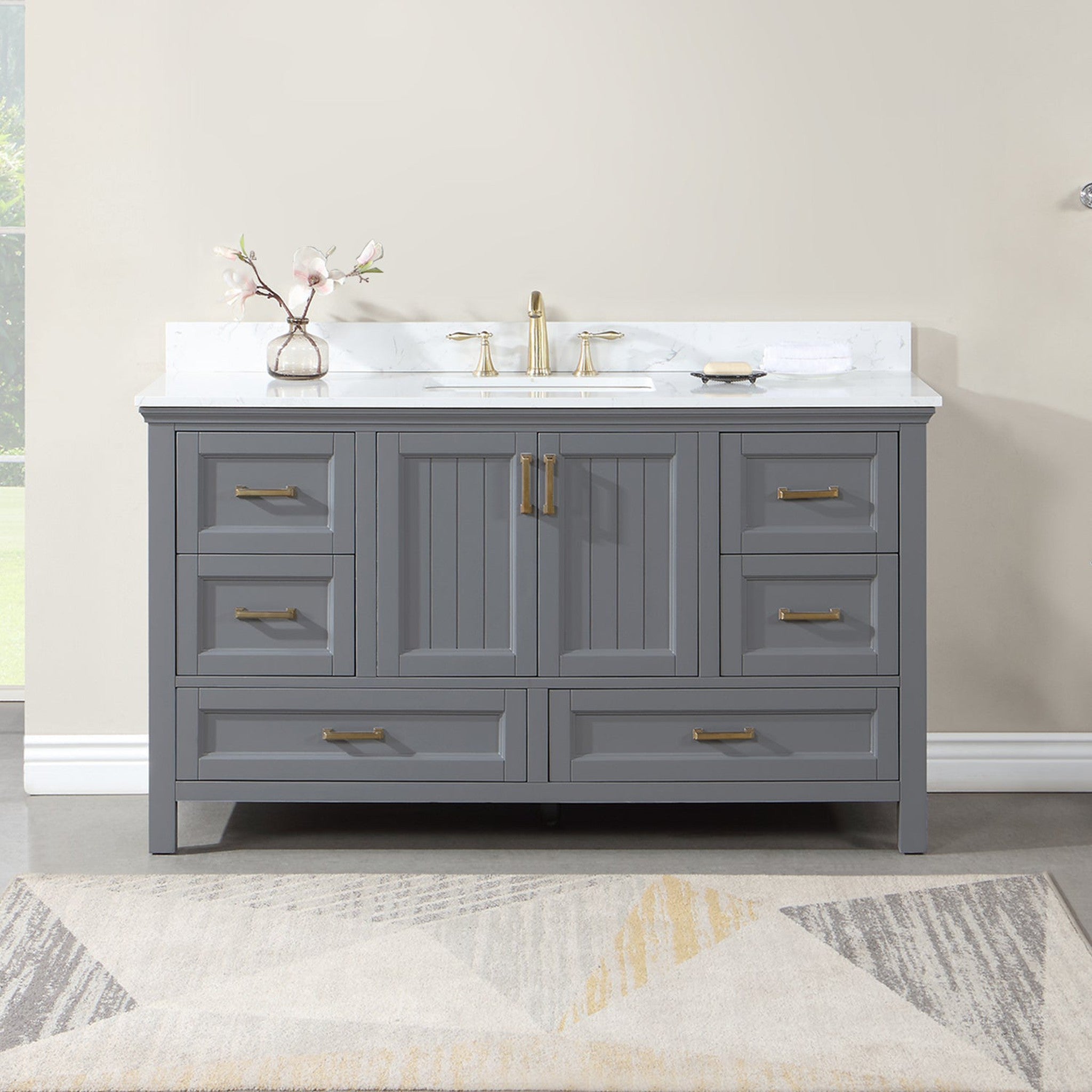 Isla 60" Single Bathroom Vanity Set in Gray and Composite Carrara White Stone Countertop without Mirror