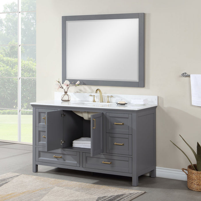 Isla 60" Single Bathroom Vanity Set in Gray and Composite Carrara White Stone Countertop with Mirror