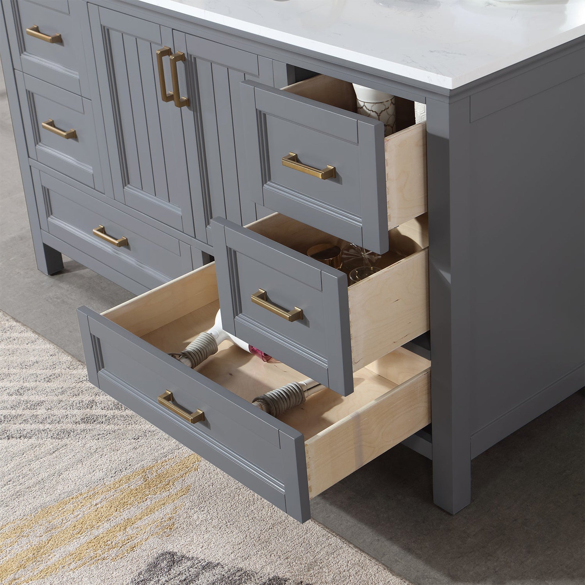 Isla 60" Single Bathroom Vanity Set in Gray and Composite Carrara White Stone Countertop with Mirror