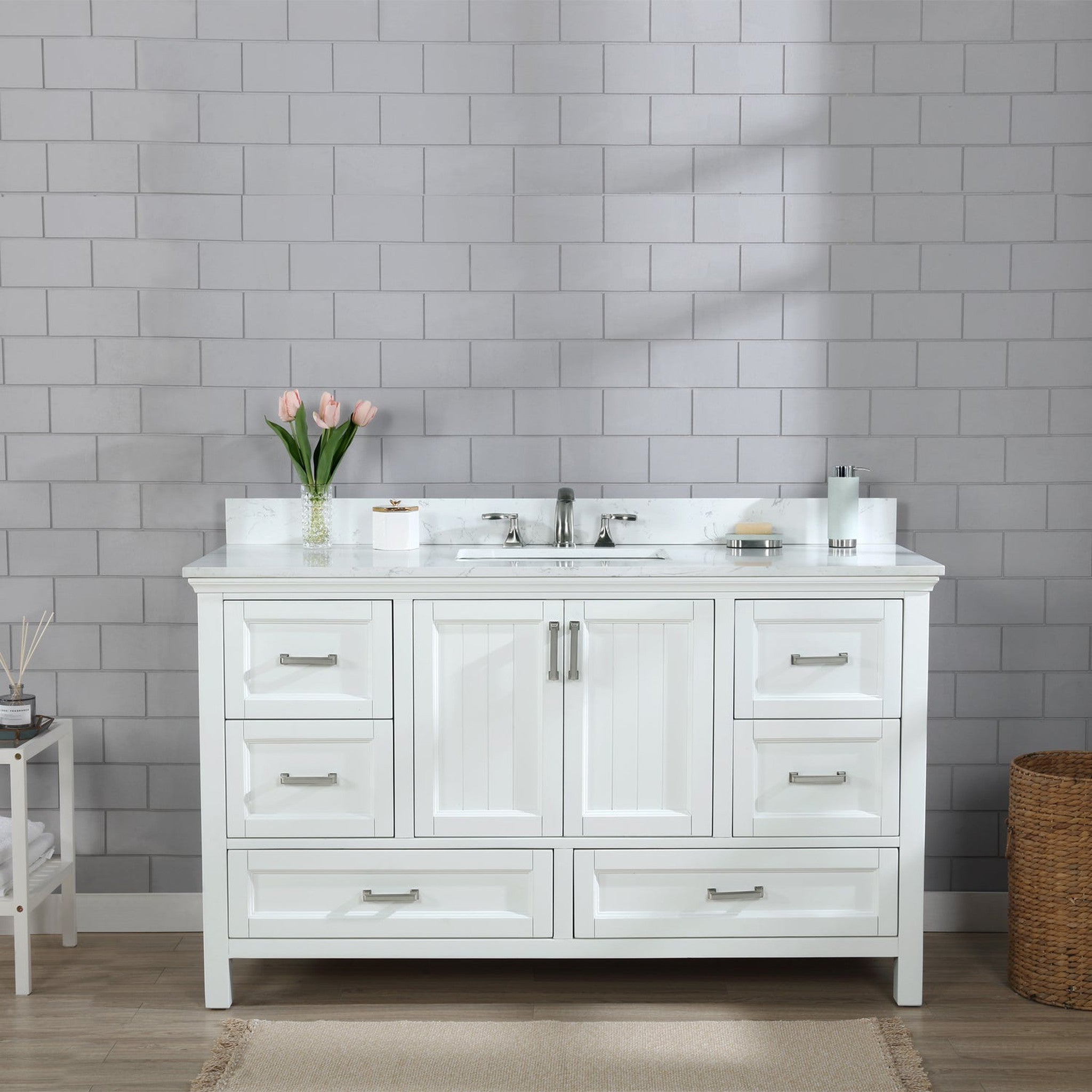 Isla 60" Single Bathroom Vanity Set in White and Carrara White Marble Countertop without Mirror