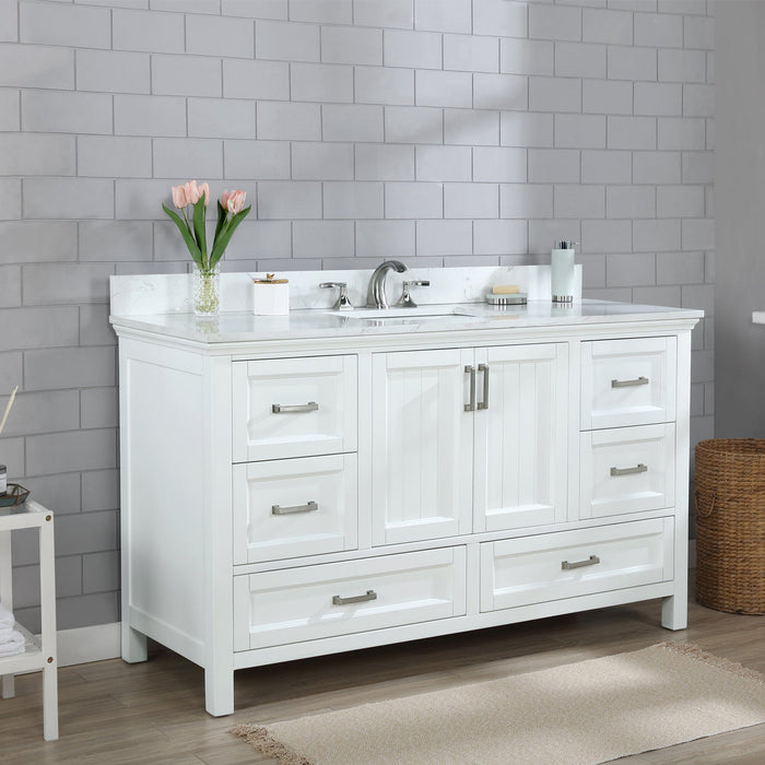 Isla 60" Single Bathroom Vanity Set in White and Carrara White Marble Countertop without Mirror