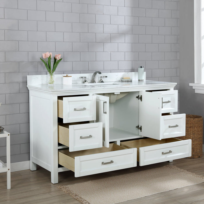 Isla 60" Single Bathroom Vanity Set in White and Carrara White Marble Countertop without Mirror