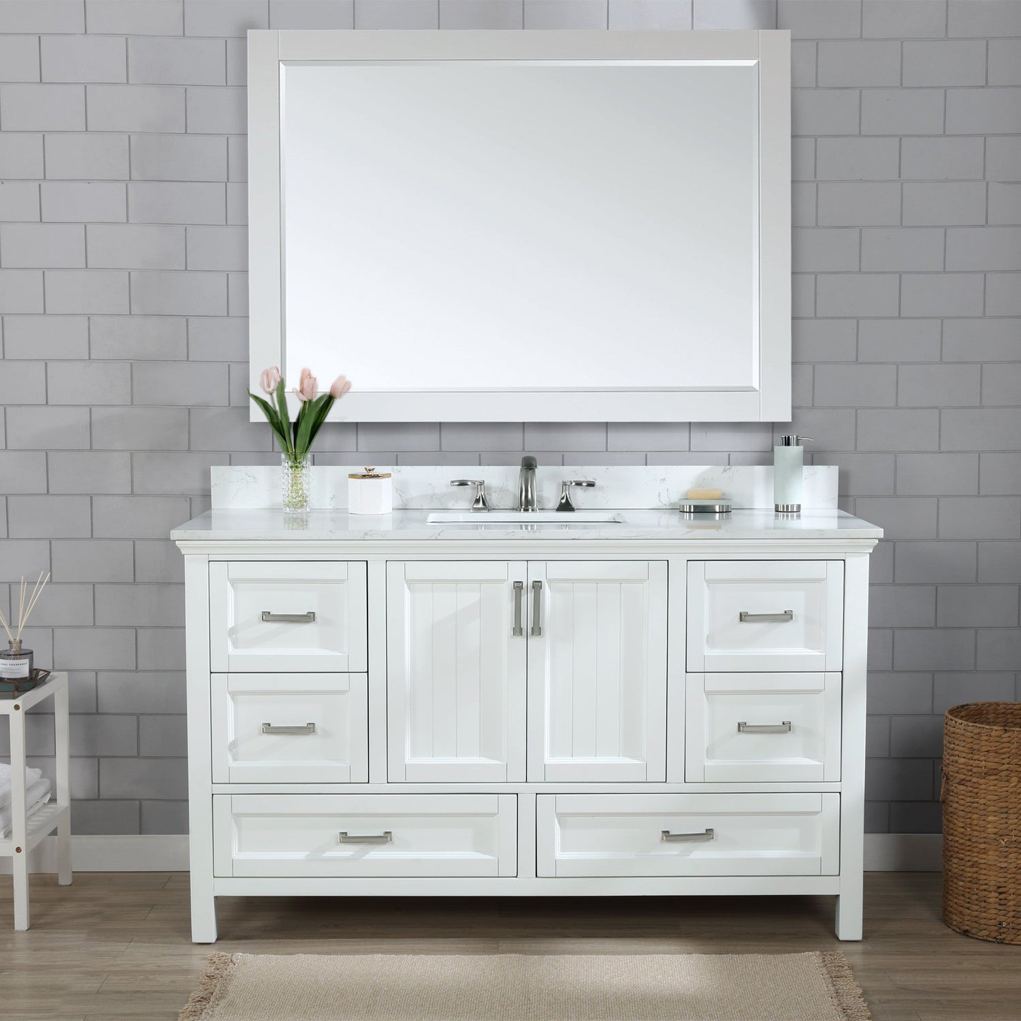 Isla 60" Single Bathroom Vanity Set in White and Carrara White Marble Countertop with Mirror