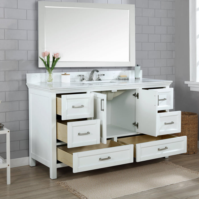 Isla 60" Single Bathroom Vanity Set in White and Carrara White Marble Countertop with Mirror