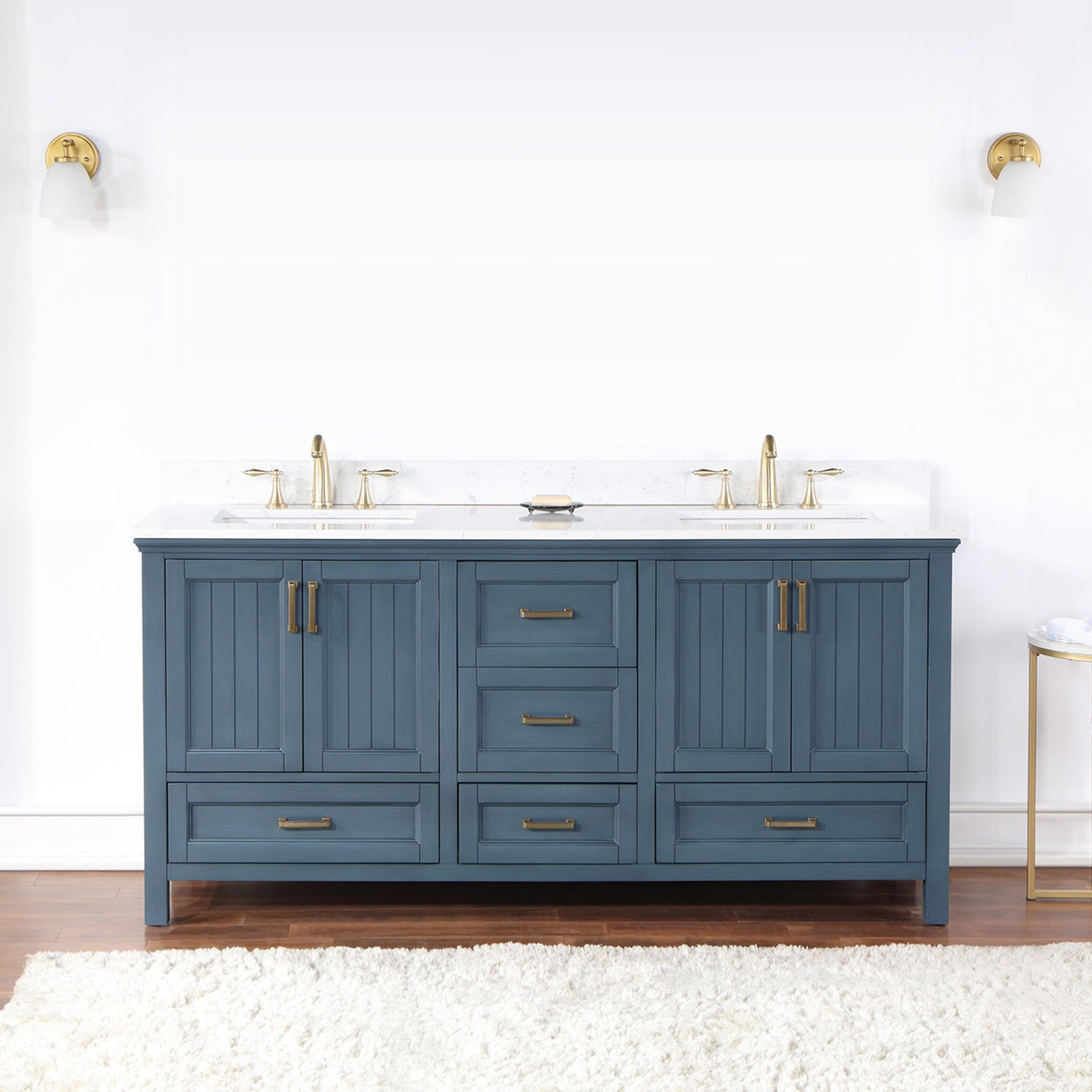 Isla 72" Double Bathroom Vanity Set in Classic Blue and Composite Carrara White Stone Countertop without Mirror