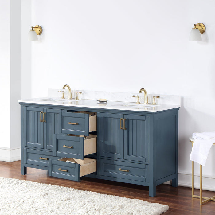 Isla 72" Double Bathroom Vanity Set in Classic Blue and Composite Carrara White Stone Countertop without Mirror