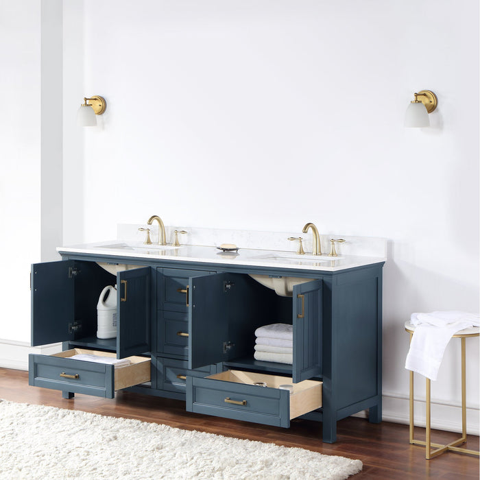 Isla 72" Double Bathroom Vanity Set in Classic Blue and Composite Carrara White Stone Countertop without Mirror