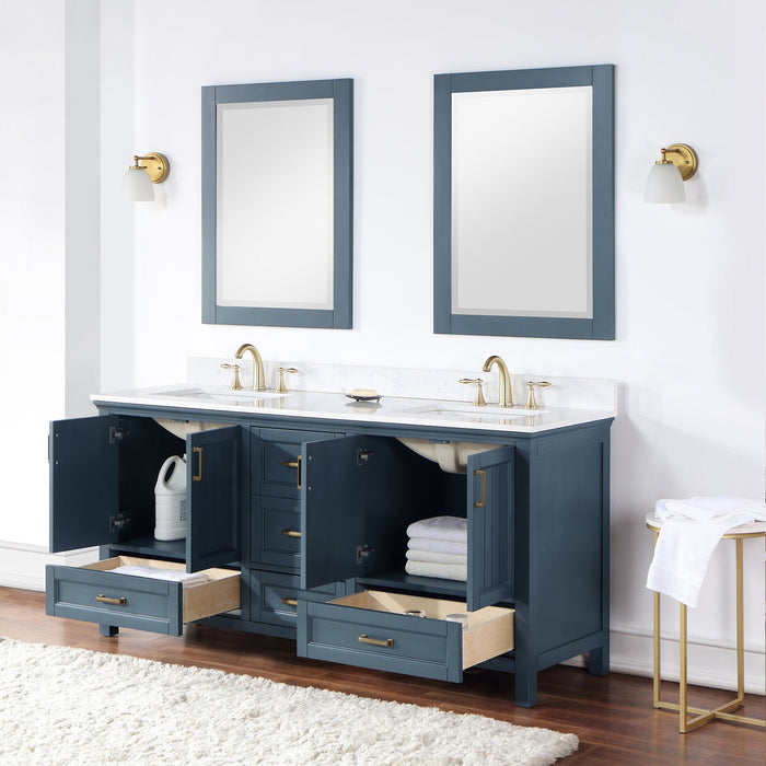 Isla 72" Double Bathroom Vanity Set in Classic Blue and Composite Carrara White Stone Countertop with Mirror
