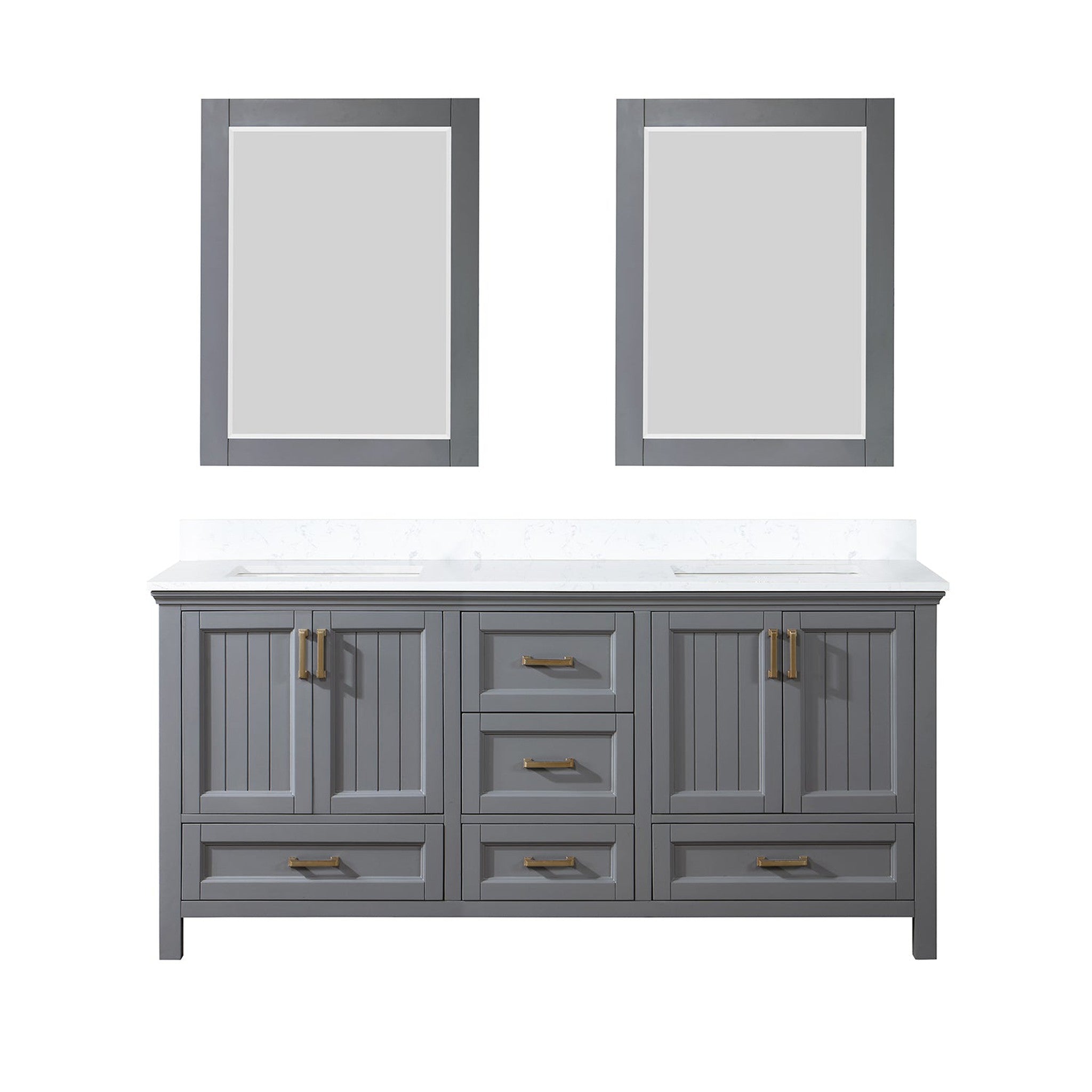 Isla 72" Double Bathroom Vanity Set in Gray and Composite Carrara White Stone Countertop with Mirror