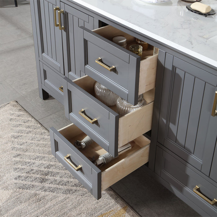 Isla 72" Double Bathroom Vanity Set in Gray and Composite Carrara White Stone Countertop with Mirror