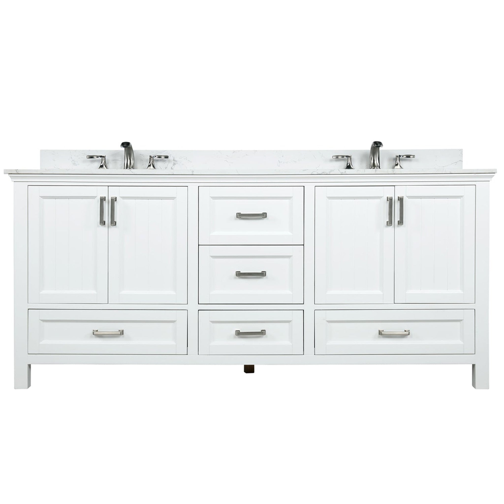 Isla 72" Double Bathroom Vanity Set in White and Carrara White Marble Countertop without Mirror