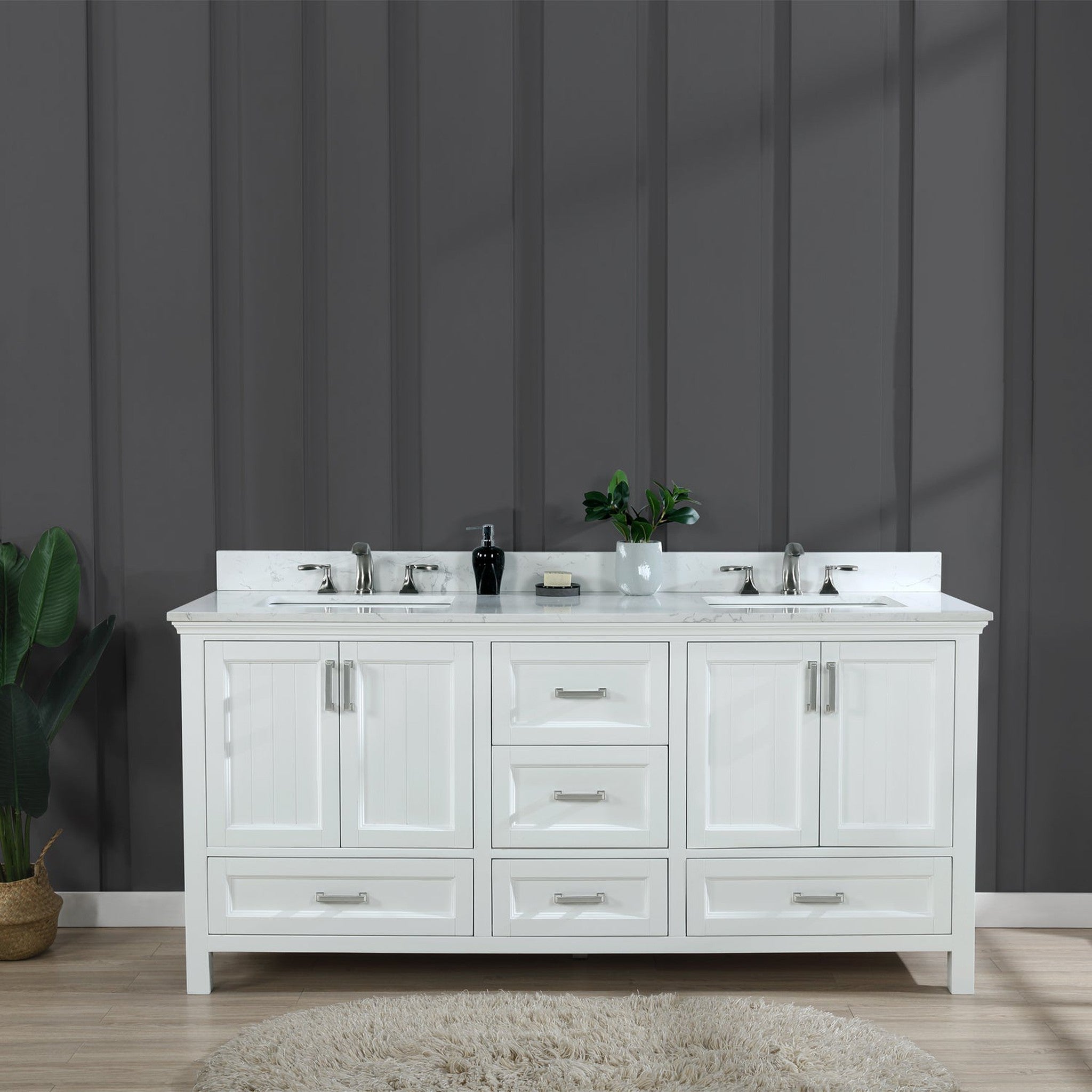 Isla 72" Double Bathroom Vanity Set in White and Carrara White Marble Countertop without Mirror