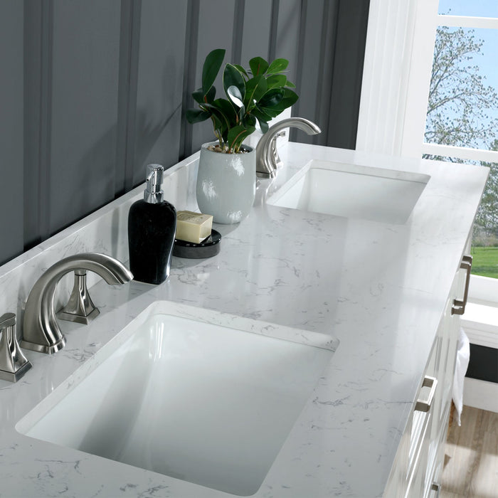 Isla 72" Double Bathroom Vanity Set in White and Carrara White Marble Countertop without Mirror