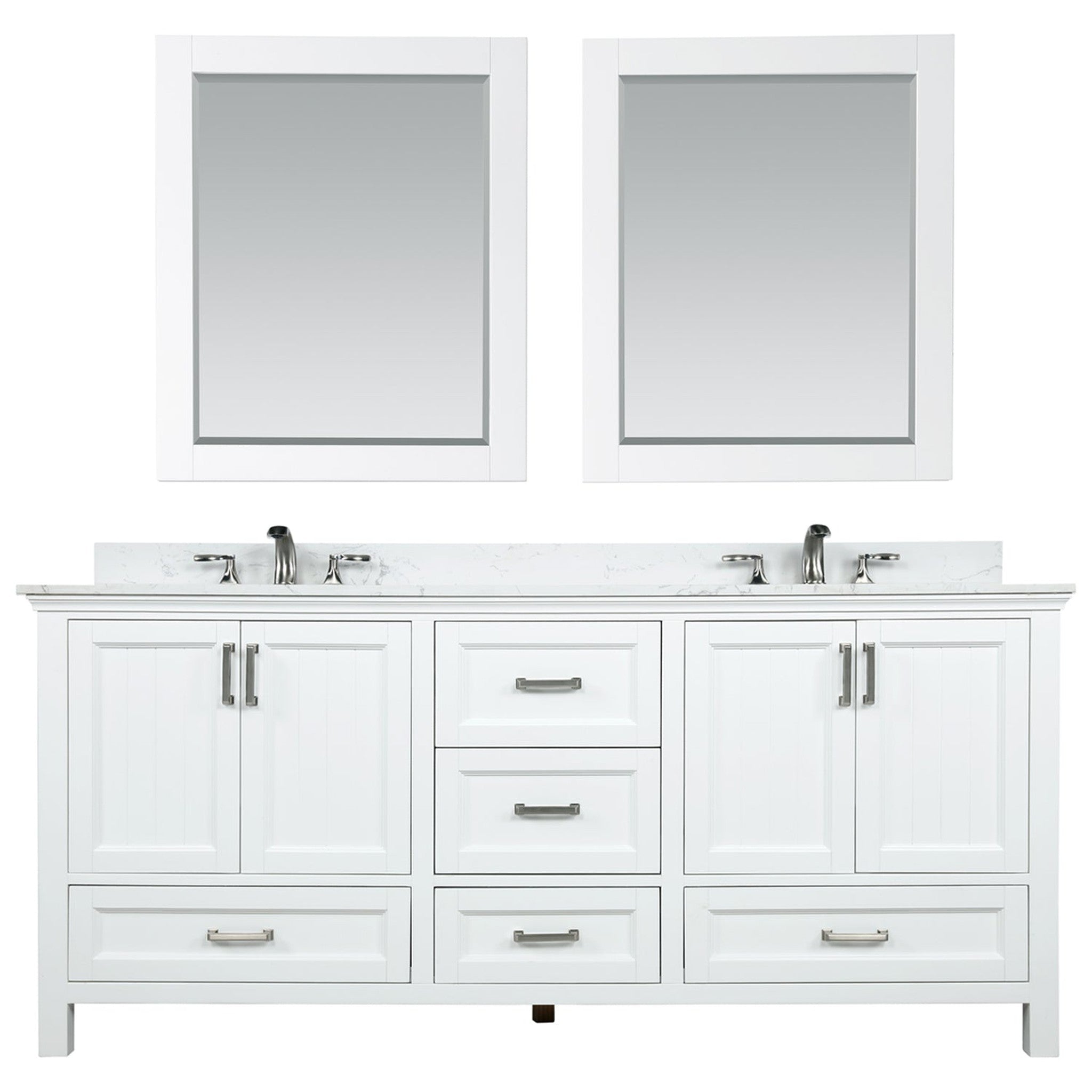 Isla 72" Double Bathroom Vanity Set in White and Carrara White Marble Countertop with Mirror
