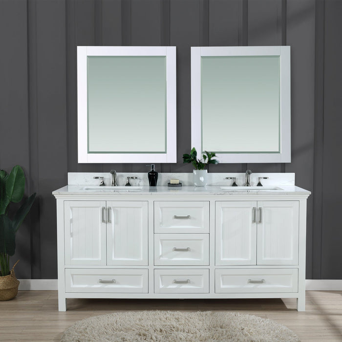 Isla 72" Double Bathroom Vanity Set in White and Carrara White Marble Countertop with Mirror