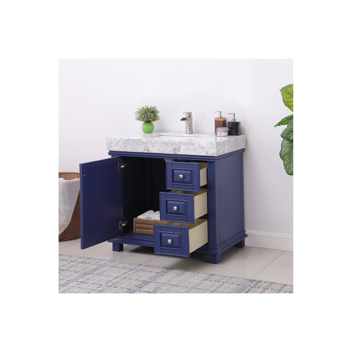 Jardin 36" Single Bathroom Vanity Set in Jewelry Blue and Carrara White Marble Countertop without Mirror