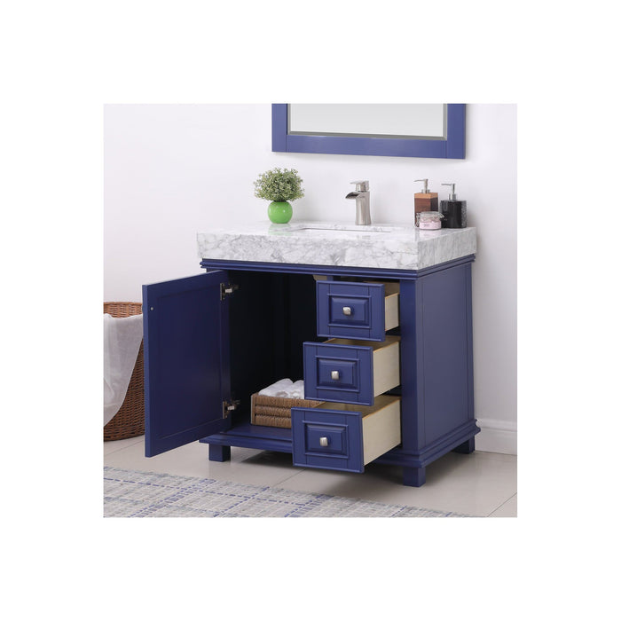 Jardin 36" Single Bathroom Vanity Set in Jewelry Blue and Carrara White Marble Countertop with Mirror