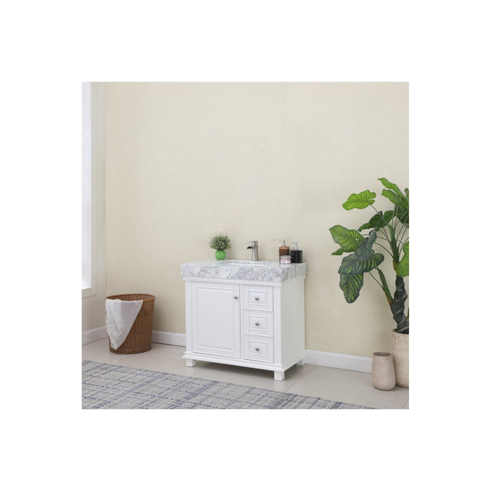Jardin 36" Single Bathroom Vanity Set in White and Carrara White Marble Countertop without Mirror