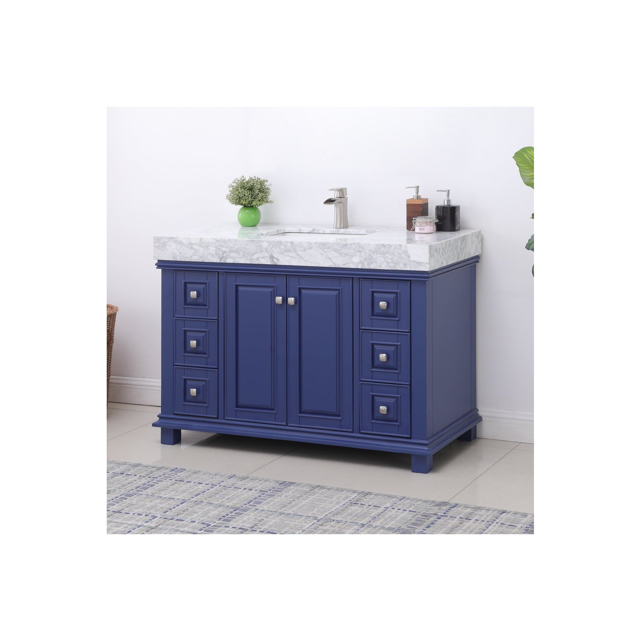 Jardin 48" Single Bathroom Vanity Set in Jewelry Blue and Carrara White Marble Countertop without Mirror