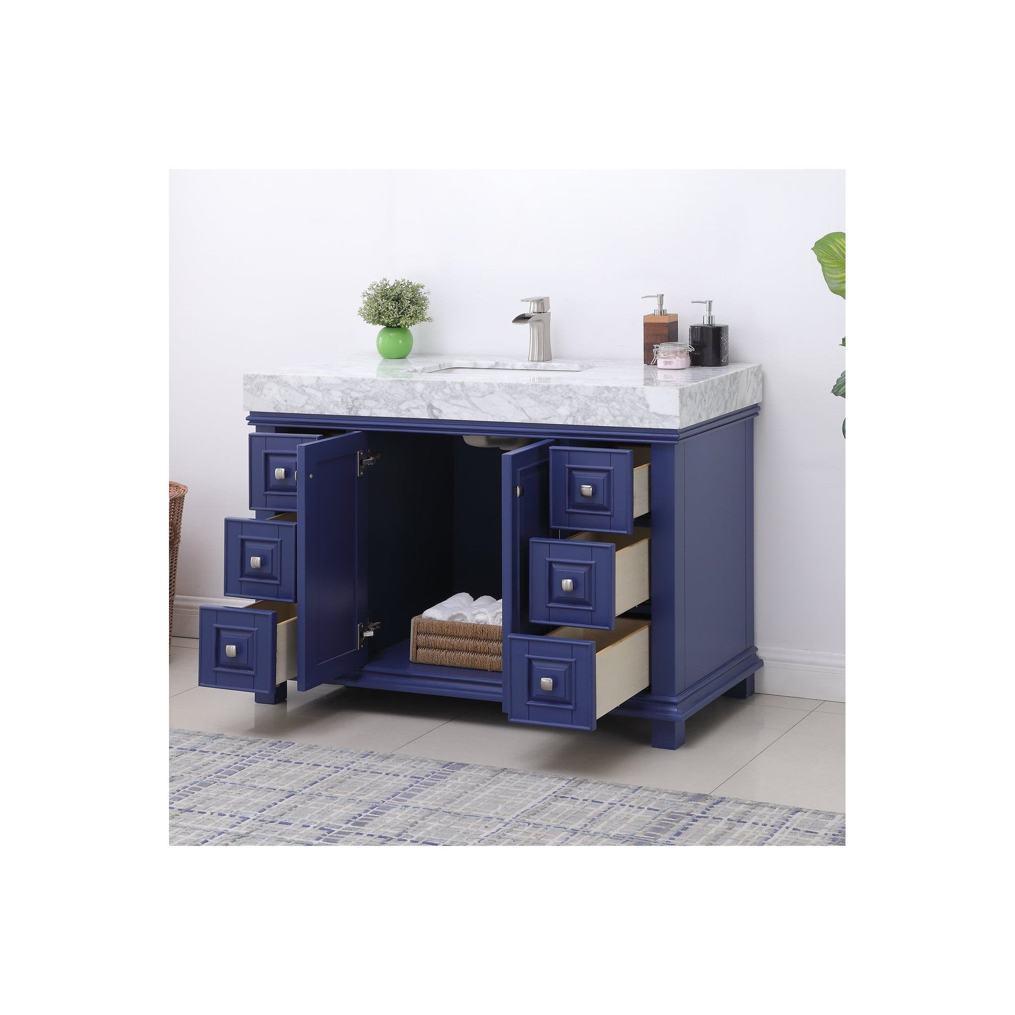 Jardin 48" Single Bathroom Vanity Set in Jewelry Blue and Carrara White Marble Countertop without Mirror