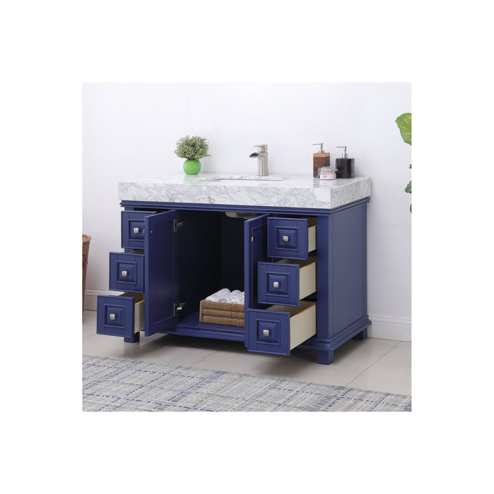 Jardin 48" Single Bathroom Vanity Set in Jewelry Blue and Carrara White Marble Countertop without Mirror