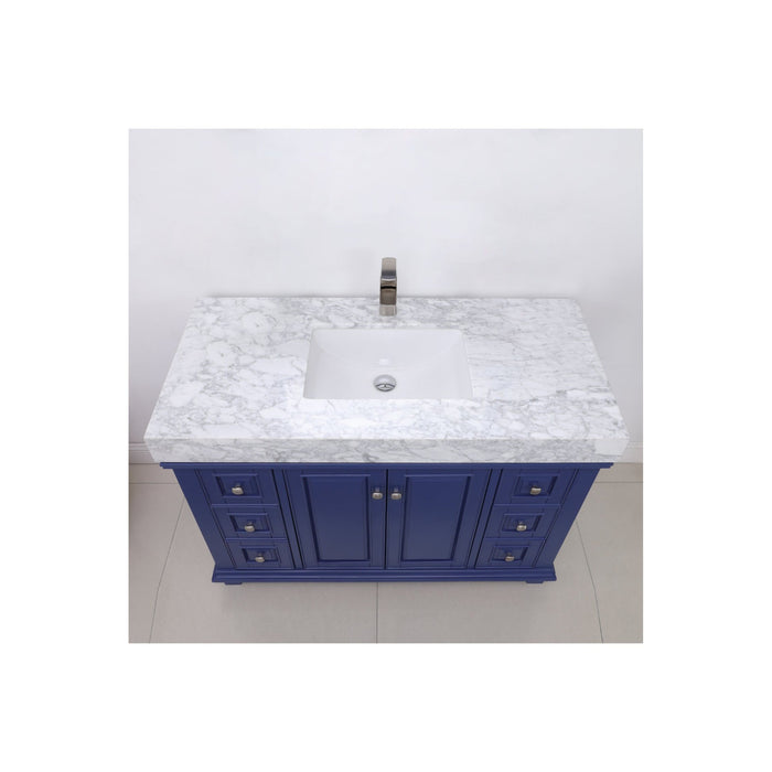 Jardin 48" Single Bathroom Vanity Set in Jewelry Blue and Carrara White Marble Countertop without Mirror