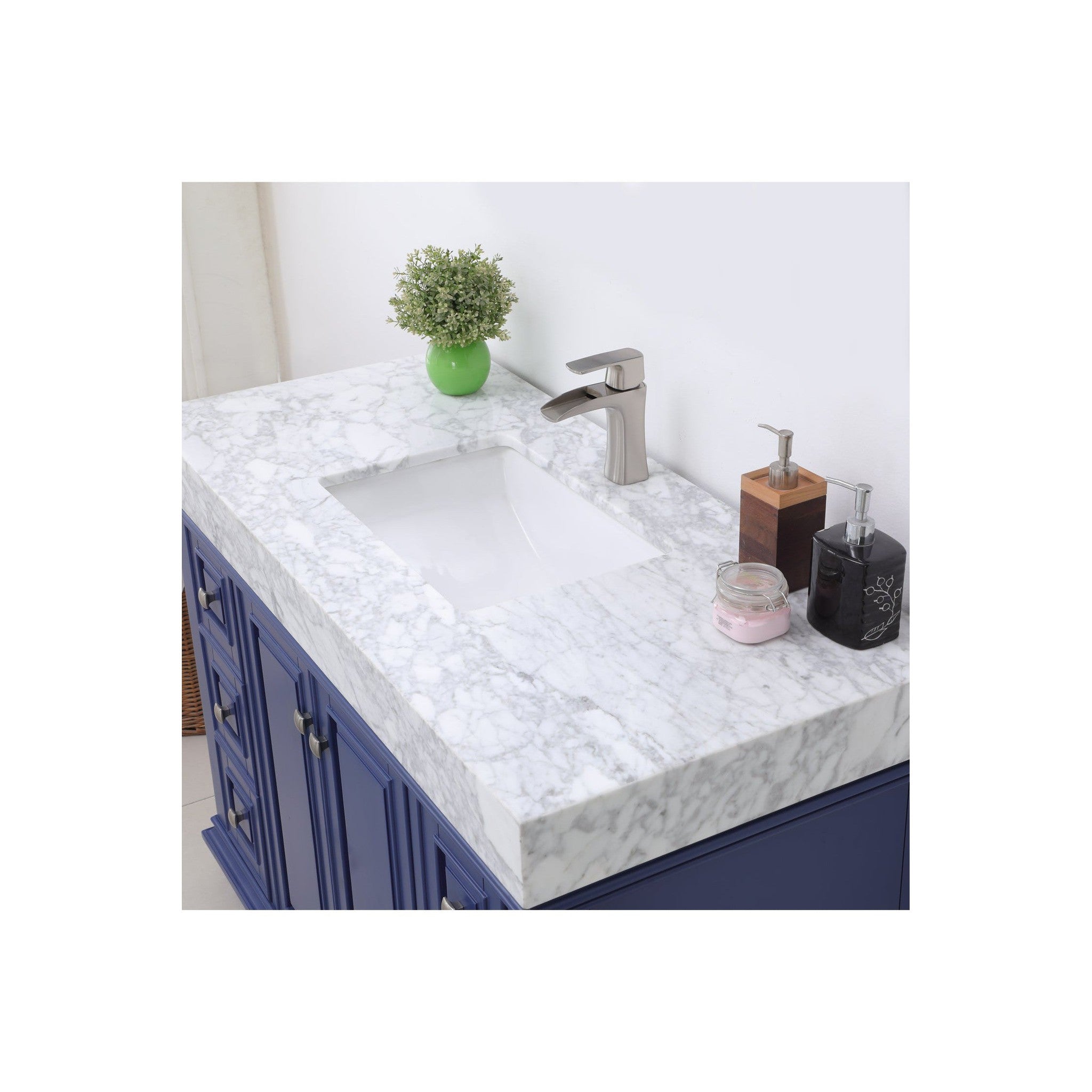 Jardin 48" Single Bathroom Vanity Set in Jewelry Blue and Carrara White Marble Countertop without Mirror