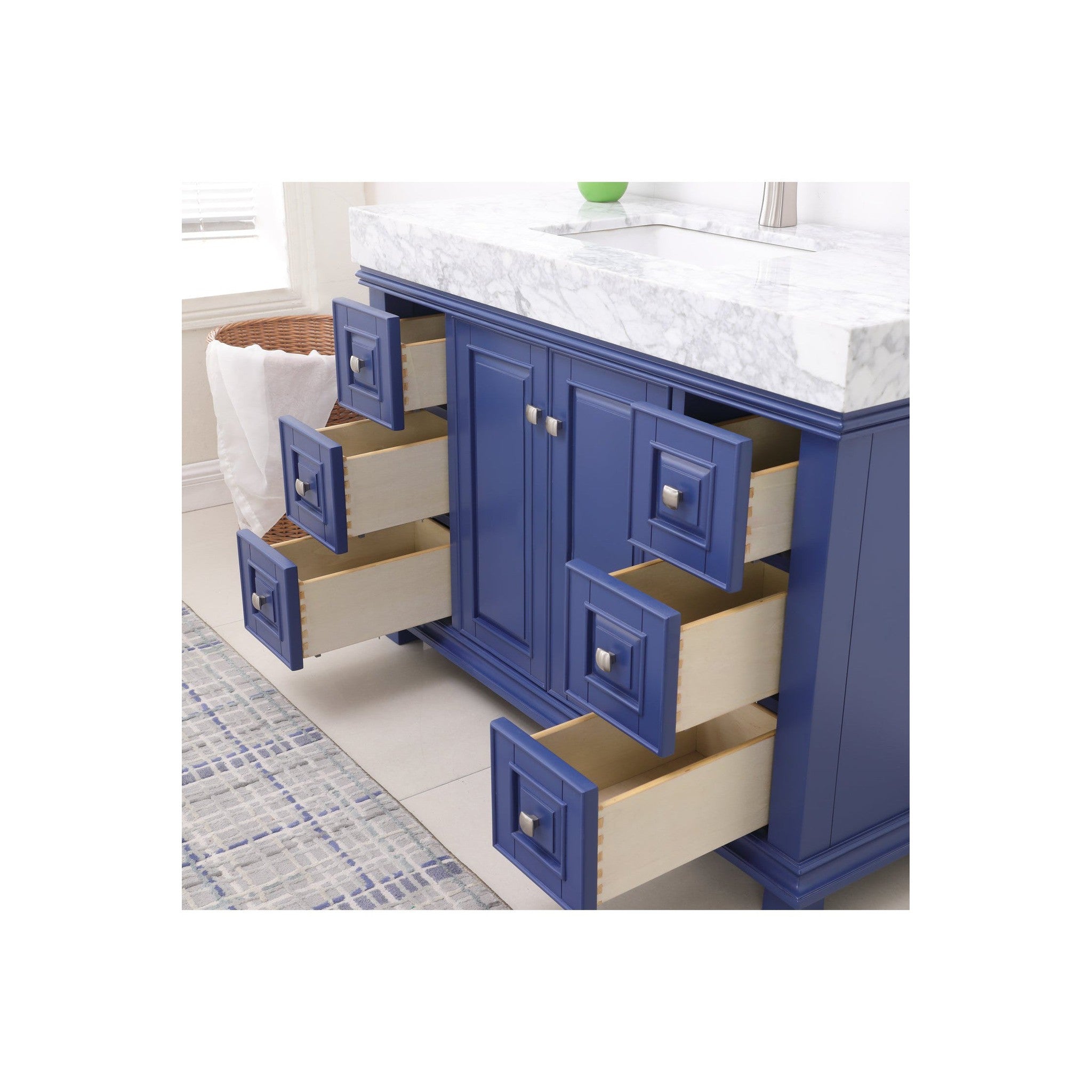 Jardin 48" Single Bathroom Vanity Set in Jewelry Blue and Carrara White Marble Countertop without Mirror